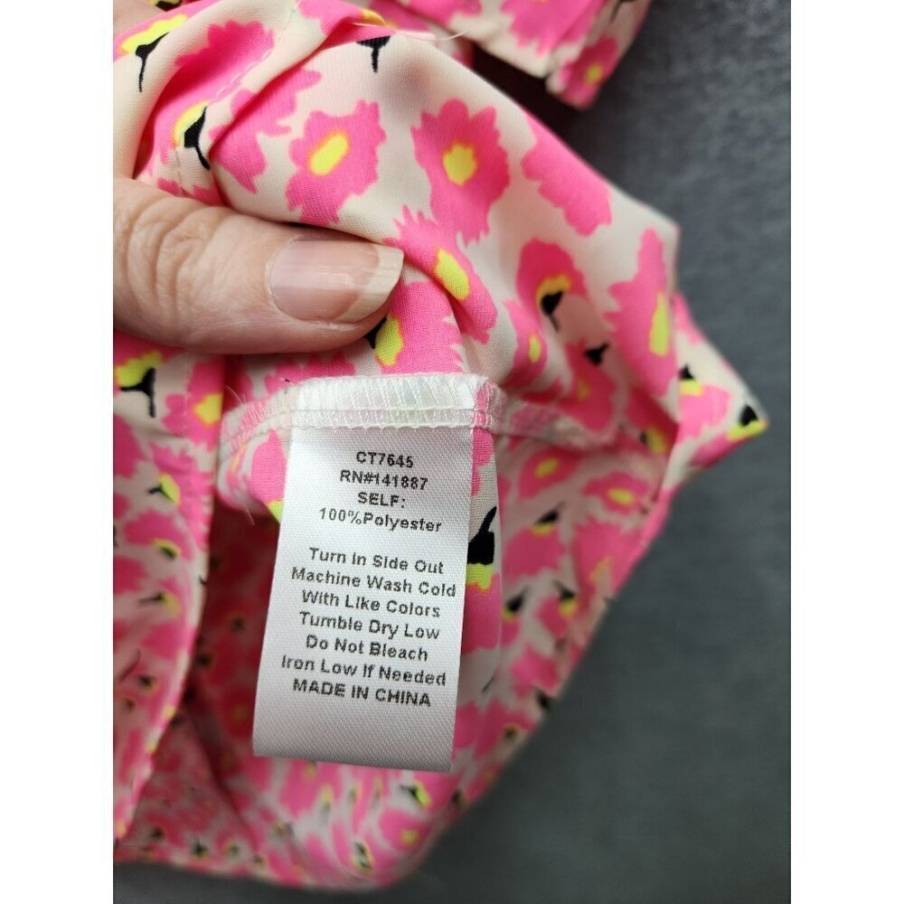 Floral Pink Puff Sleeve Blouse L TCEC 100% Polyester Womens Top - Picture 4 of 6
